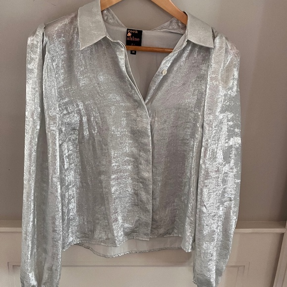 Long-Sleeve Buttoned-Down Lamé Blouse - Picture 1 of 6